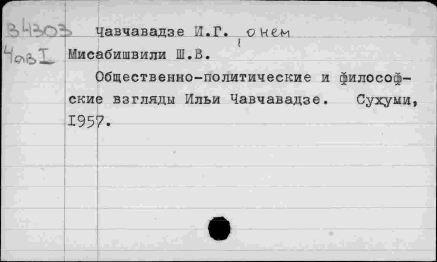 ﻿Чавчавадзе И.Г. о нем
Т	I
^исабишвили Ш.В.
Общественно-политические и философские взгляды Ильи Чавчавадзе. Сухуми, 1957.